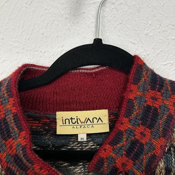 Intiwara 100% Alpaca Wool Red Multi Color Cardigan Sweater Handmade Bolivia Sz M - Picture 6 of 10